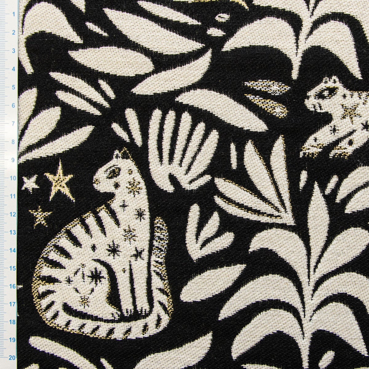 Jacquard Gobelin Dekostoff mit Glitzer - Safarietiere und Blätter - schwarz