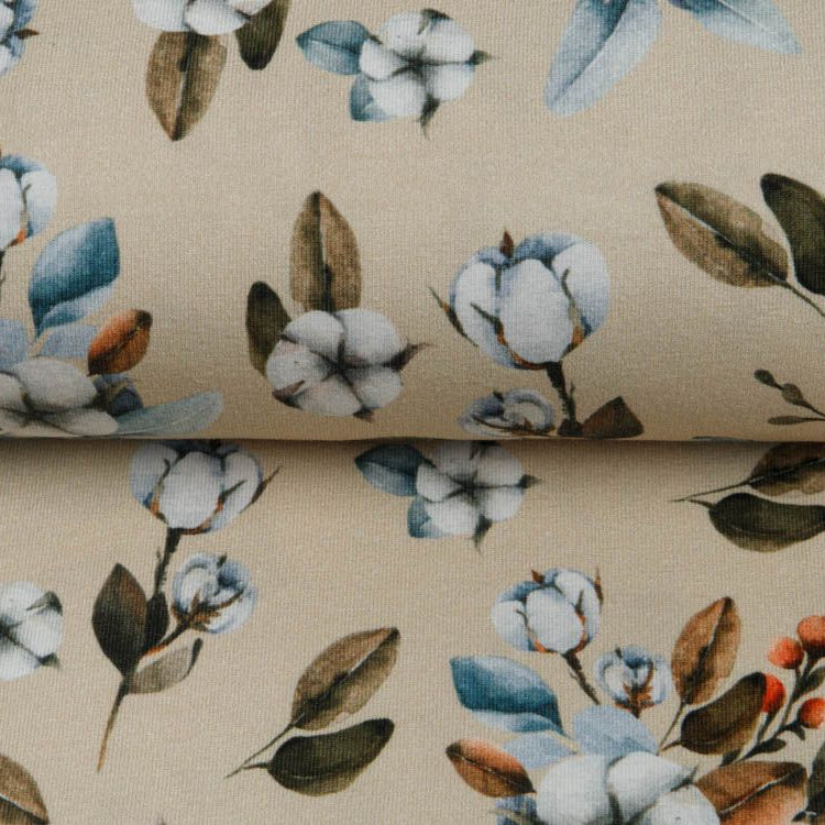 Jersey Digitaldruck Snoozy Geäst - Baumwollzweige - camel