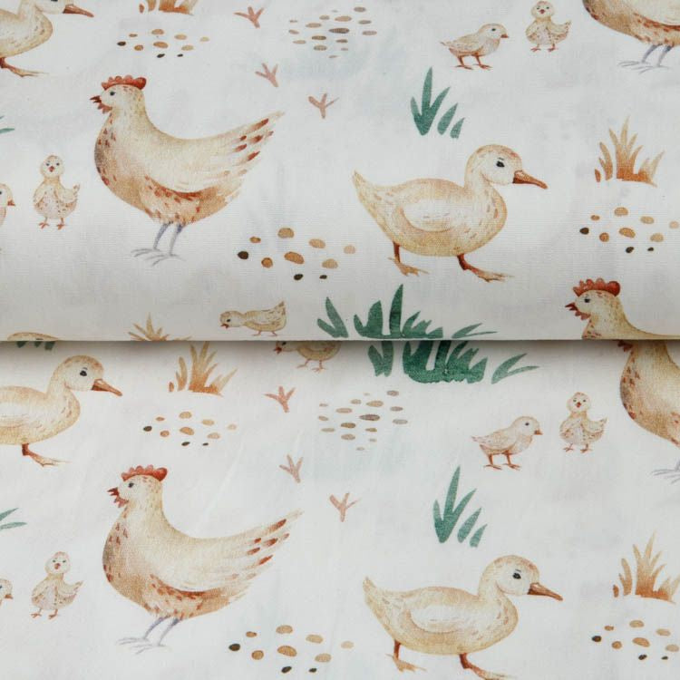 Webware Popeline Digitaldruck Snoozy Farm-Stil - Enten auf dem Bauernhof - wollweiß