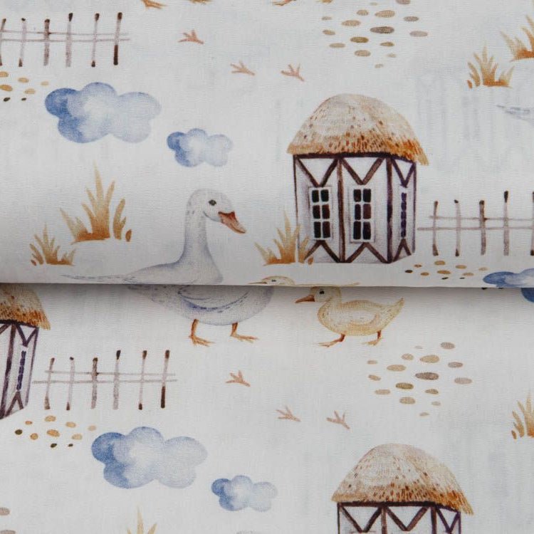 Webware Popeline Digitaldruck Snoozy Farm-Stil - Gänse auf dem Bauernhof - wollweiß