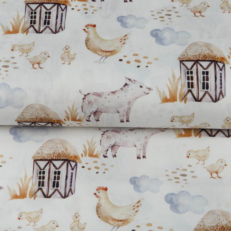 Webware Popeline Digitaldruck Snoozy Farm-Stil - Hühner auf dem Bauernhof - wollweiß