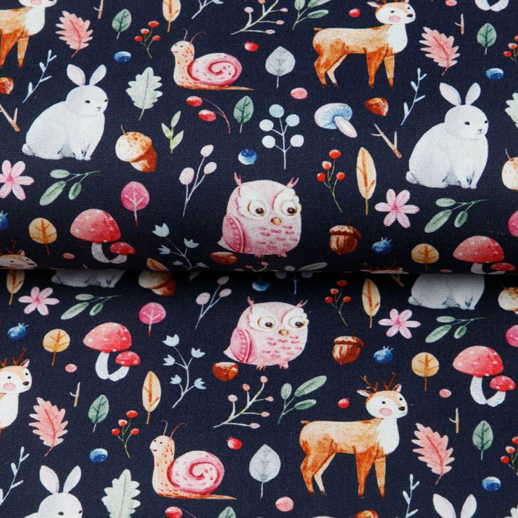 Webware Popeline Digitaldruck Snoozy Hirsch und Freunde - freundliche Waldtiere - rosa
