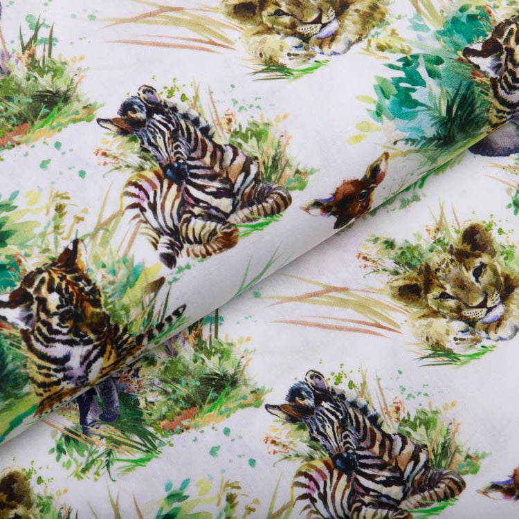 Webware Popeline Baumwolle Aquarell Digitalprint Stenzo - wilde Tiere - weiß