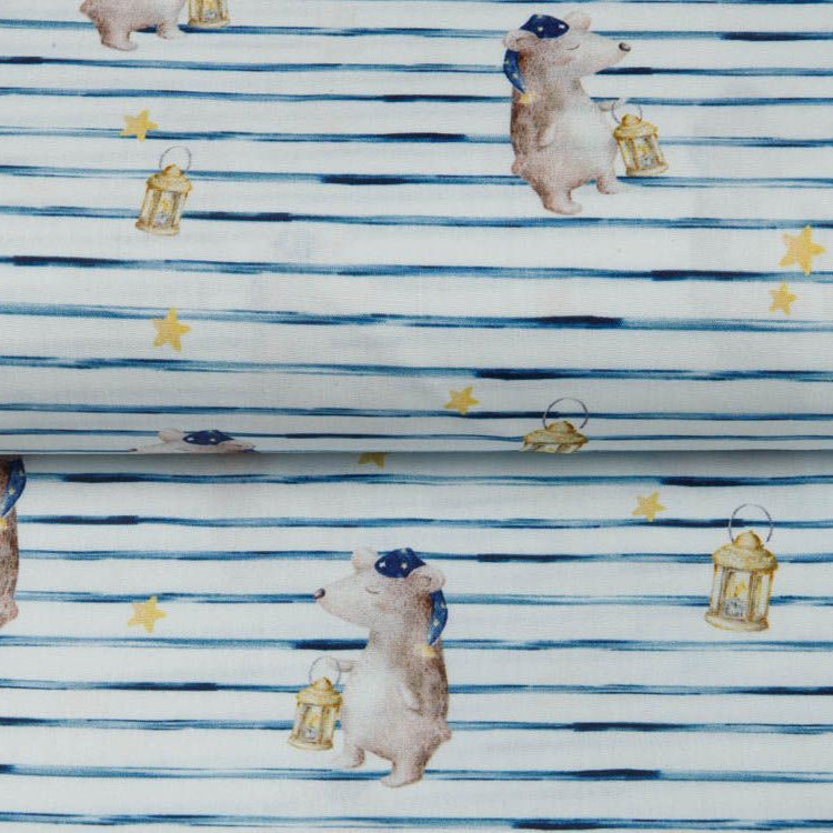 Webware Popeline Digitaldruck Snoozy Streifen und Freunde - tierische Nachtschwärmer - weiß