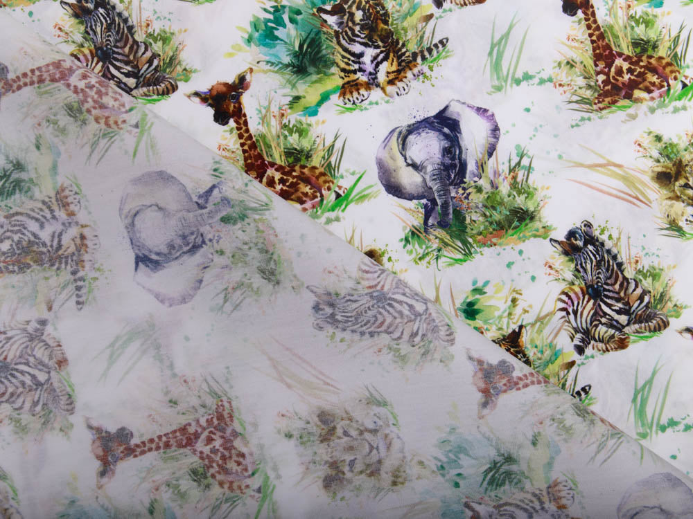 Webware Popeline Baumwolle Aquarell Digitalprint Stenzo - wilde Tiere - weiß