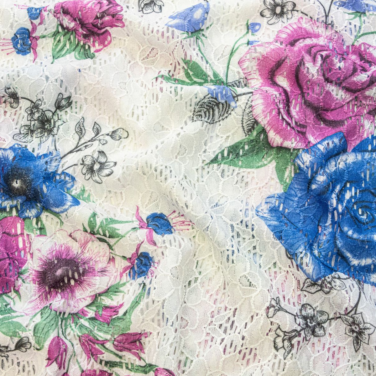 Hochwertige elastische Spitze - buntes Blumenfeld