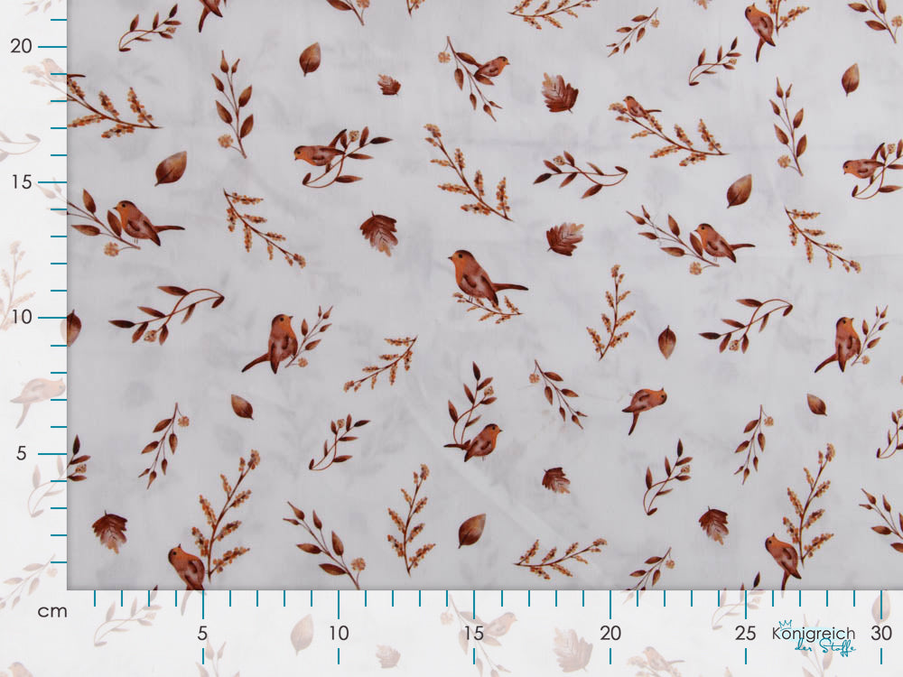 Webware Popeline Baumwolle Digitaldruck - Vögel auf Zweigen - weiß