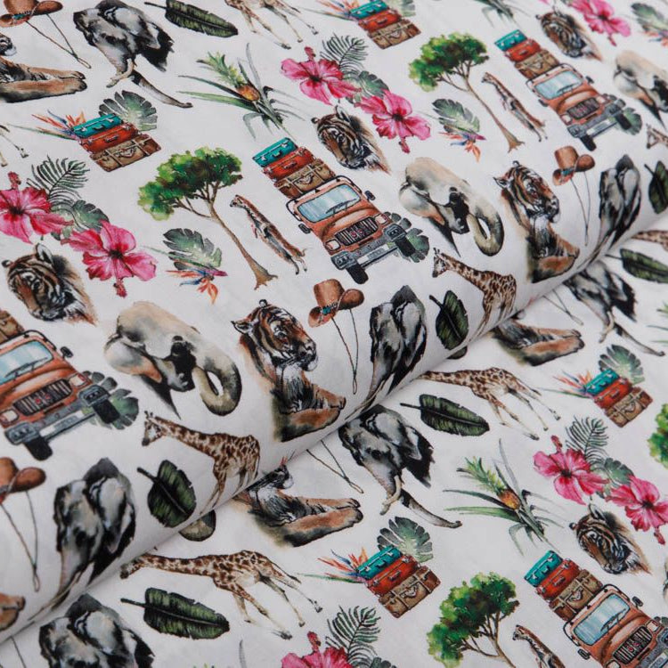 Webware Popeline Baumwolle Digitaldruck - Safari mit wilden Tieren - weiß