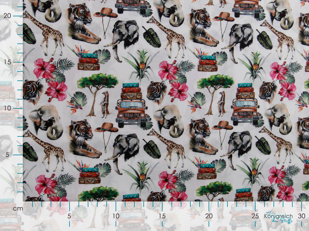 Webware Popeline Baumwolle Digitaldruck - Safari mit wilden Tieren - weiß