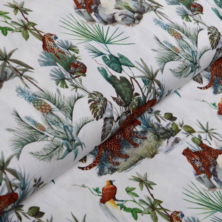 Webware Popeline Baumwolle Digitaldruck - Panther und Palmen - weiß