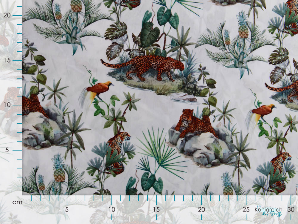 Webware Popeline Baumwolle Digitaldruck - Panther und Palmen - weiß