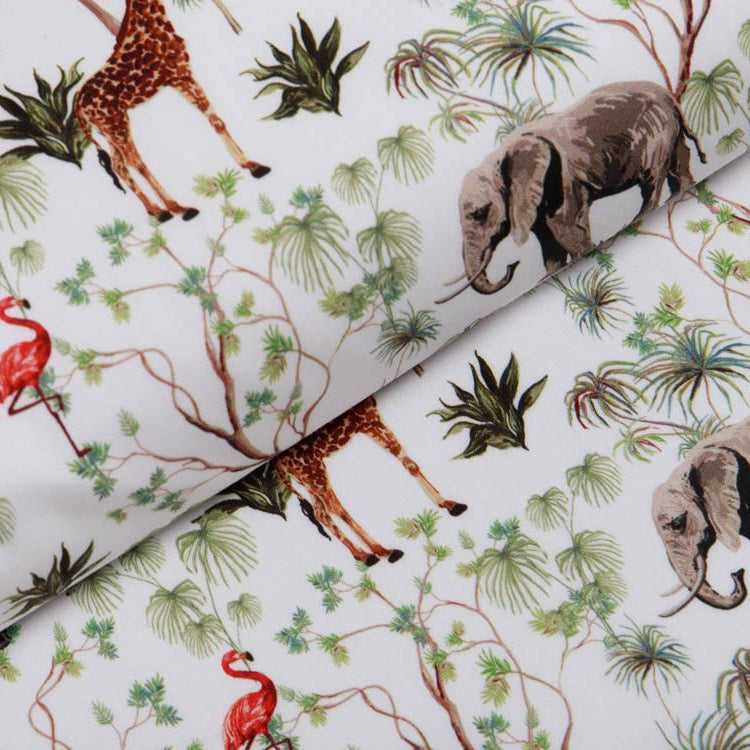 Webware Popeline Baumwolle Digitaldruck - Giraffen und Zebras - weiß