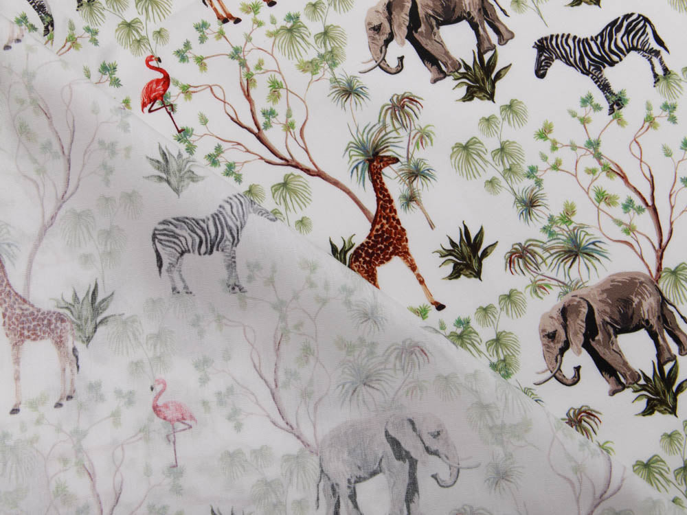 Webware Popeline Baumwolle Digitaldruck - Giraffen und Zebras - weiß