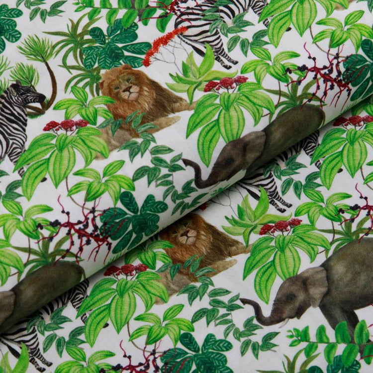 Webware Popeline Baumwolle Digitaldruck - Elefanten und Zebras - weiß