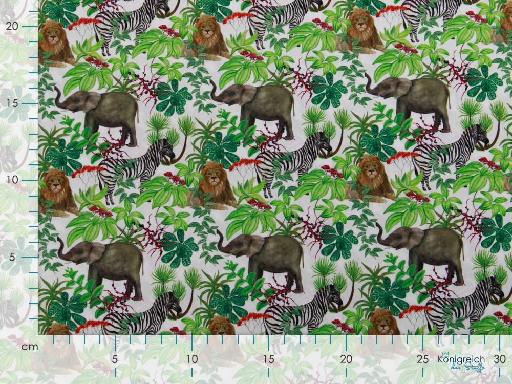 Webware Popeline Baumwolle Digitaldruck - Elefanten und Zebras - weiß