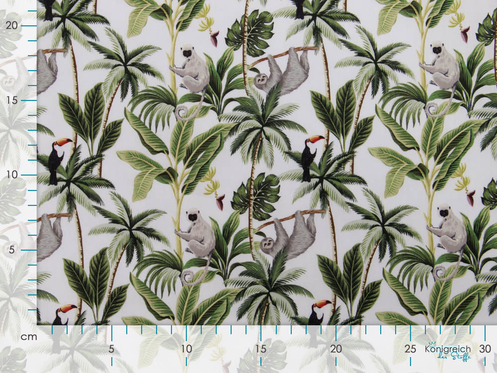 Webware Popeline Baumwolle Digitaldruck - Tukane und Faultiere - weiß