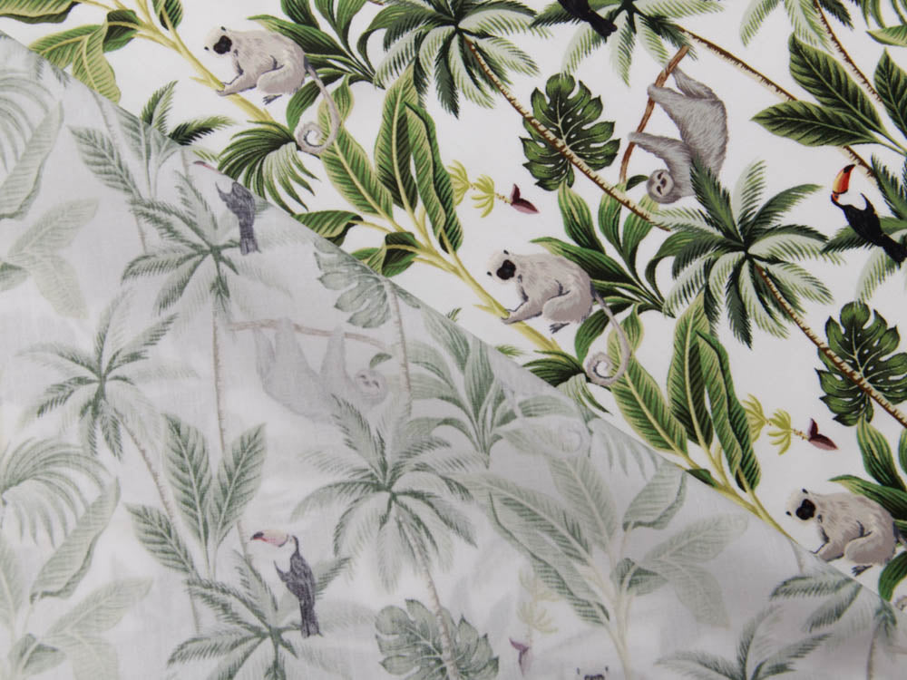 Webware Popeline Baumwolle Digitaldruck - Tukane und Faultiere - weiß