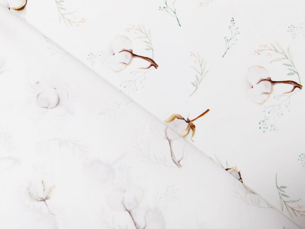 Webware Popeline Baumwolle Digitaldruck - Baumwollzweige - weiß