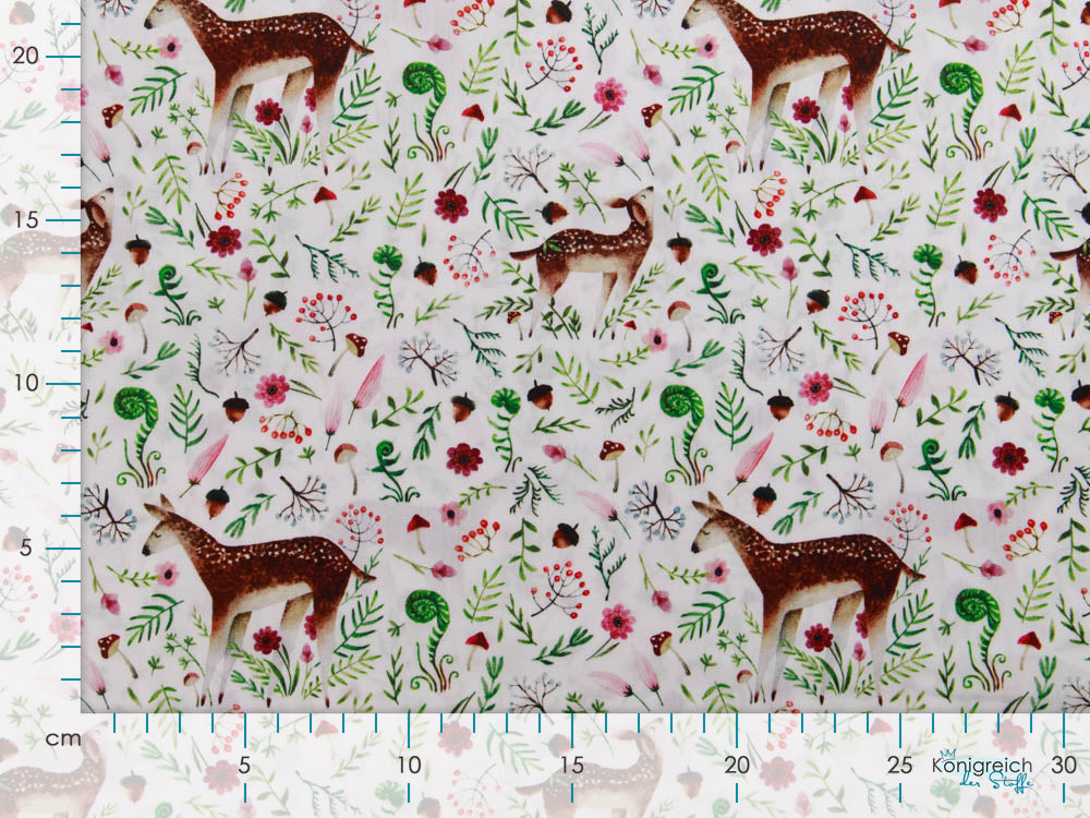 Webware Popeline Baumwolle Digitaldruck - Rehkitze und Gräser - weiß