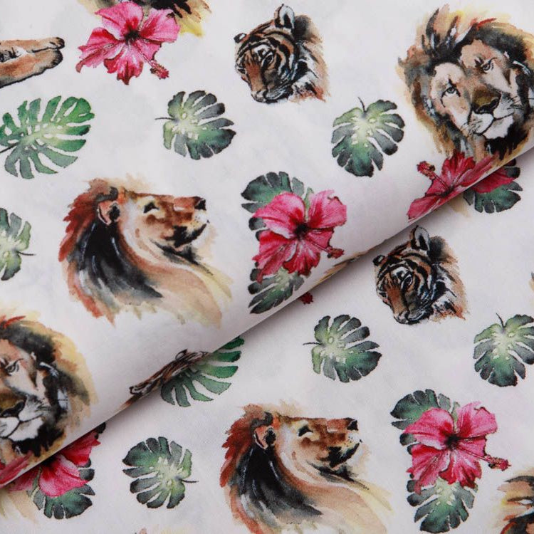 Webware Popeline Baumwolle Digitaldruck - majestätische Löwen - weiß