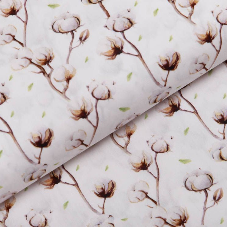 Webware Popeline Baumwolle Digitaldruck - Baumwollzweige - weiß