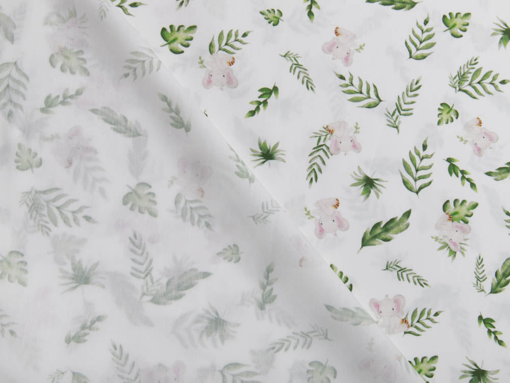 Webware Popeline Baumwolle Digitaldruck - Baby Elefanten und Blätter - weiß