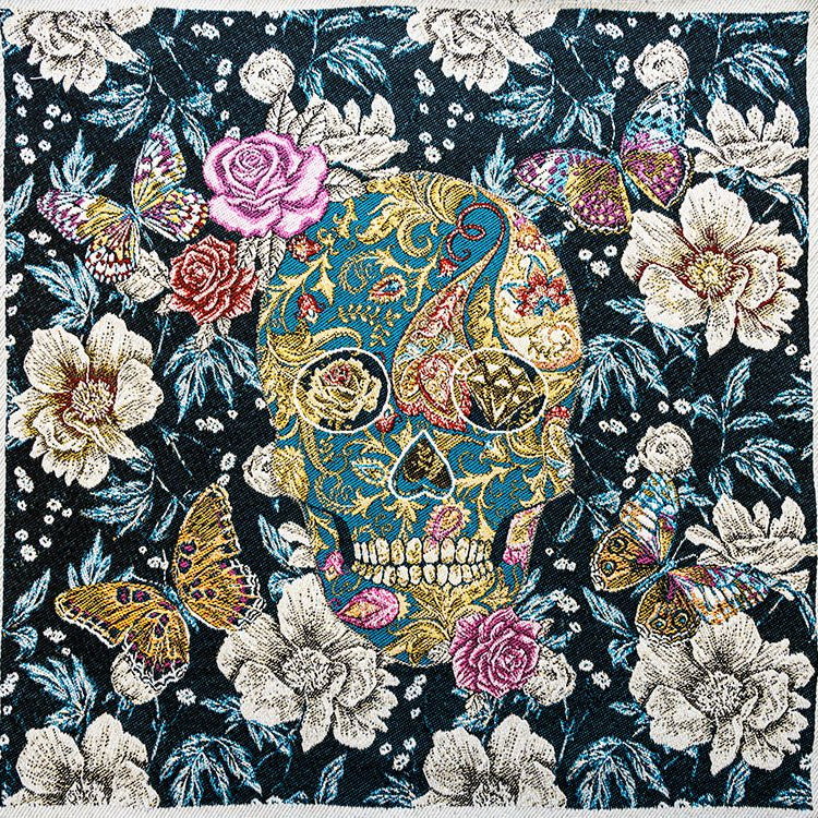 Jacquard Gobelin Dekostoff PANEL ca. 48 cm x 48 cm - Totenkopf und Schmetterlinge