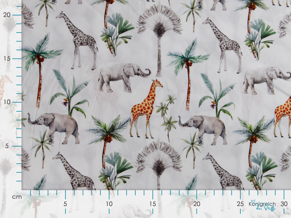 Webware Popeline Baumwolle Digitaldruck - Giraffen und Elefanten - weiß