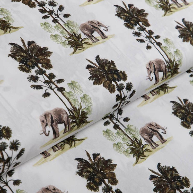 Webware Popeline Baumwolle Digitaldruck - Elefanten und Bäume - weiß