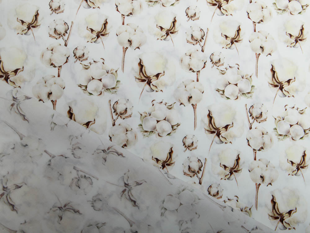 Webware Popeline Baumwolle Digitaldruck - Baumwollknospen - weiß