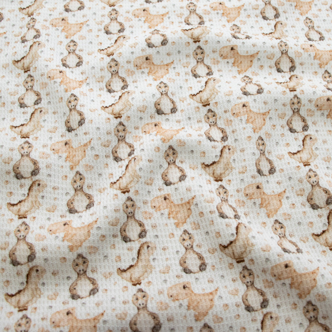 Waffeljersey Digitaldruck - Dinos - Weiß - Braun