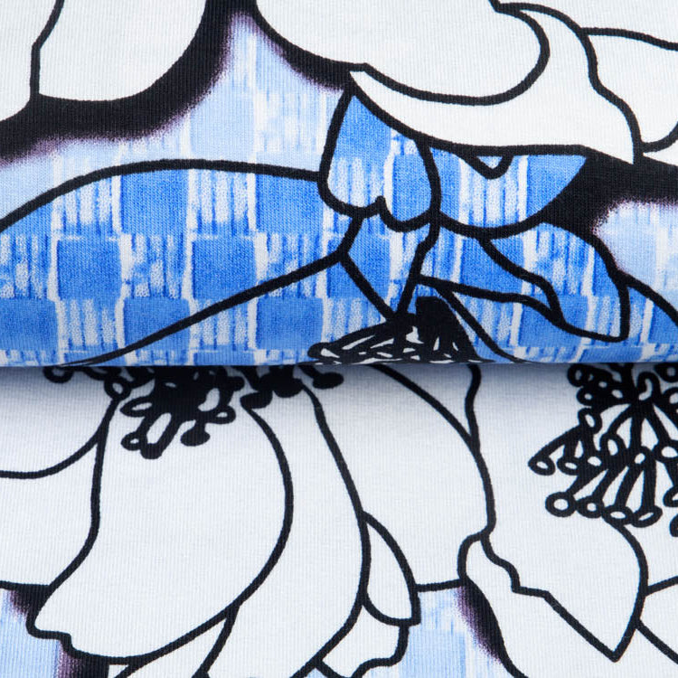 Jersey Viskose - Blumen - weiß - blau
