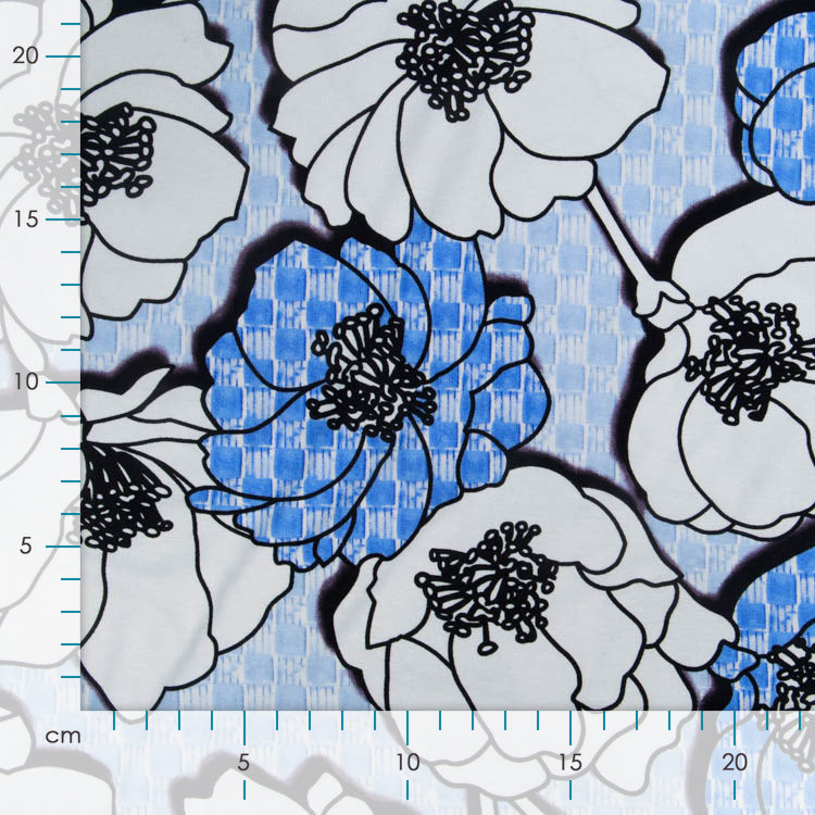 Jersey Viskose - Blumen - weiß - blau