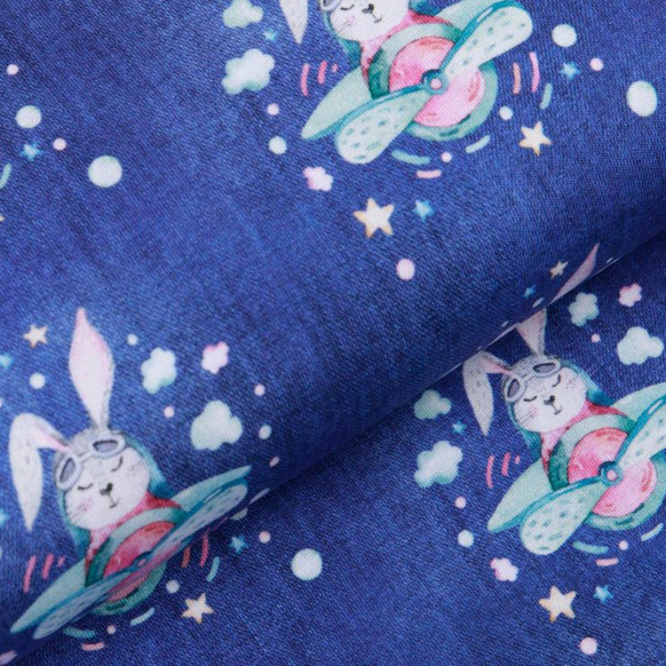 Jersey Jeansoptik Fräulein von Julie - Häschen in Flugzeugen - meliert jeans