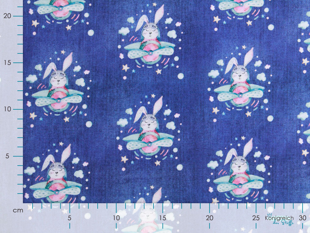 Jersey Jeansoptik Fräulein von Julie - Häschen in Flugzeugen - meliert jeans