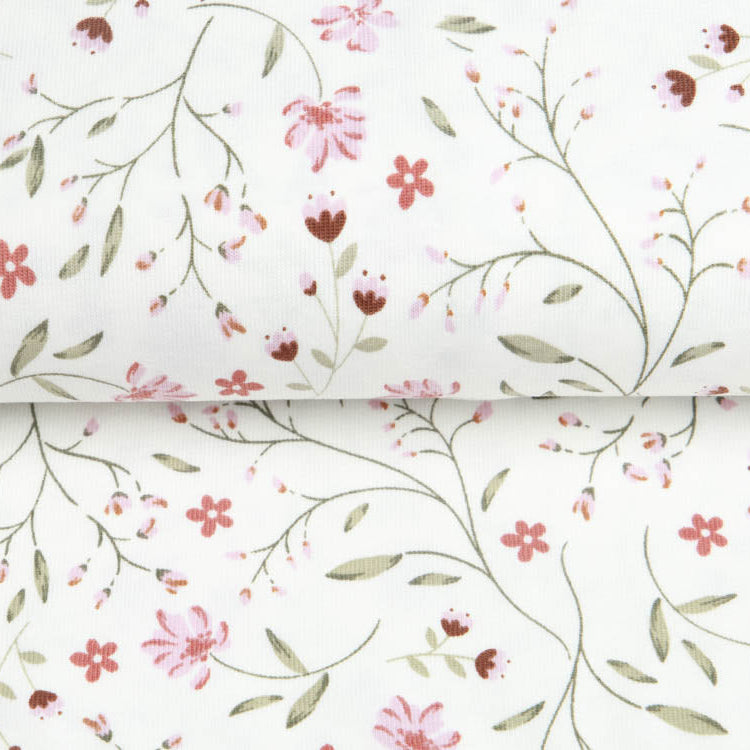 🌸Baumwolle Jersey Stoff Digitaldruck - Rosa Blumen - Wollweiß