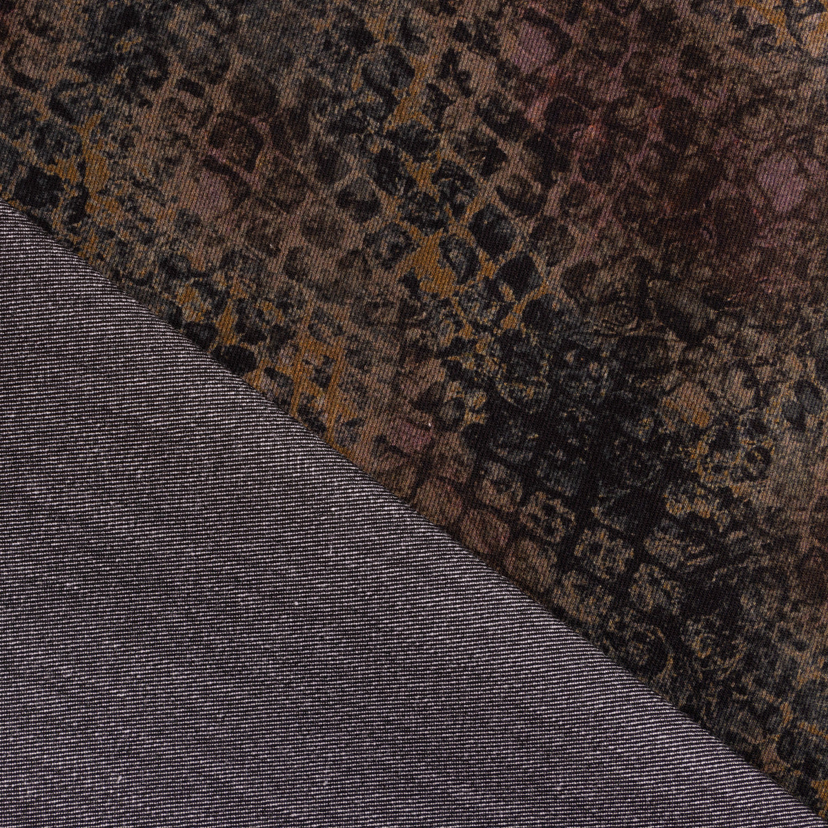 Elastischer Jeansstoff bedruckt - Schlangenmuster- olive-braun