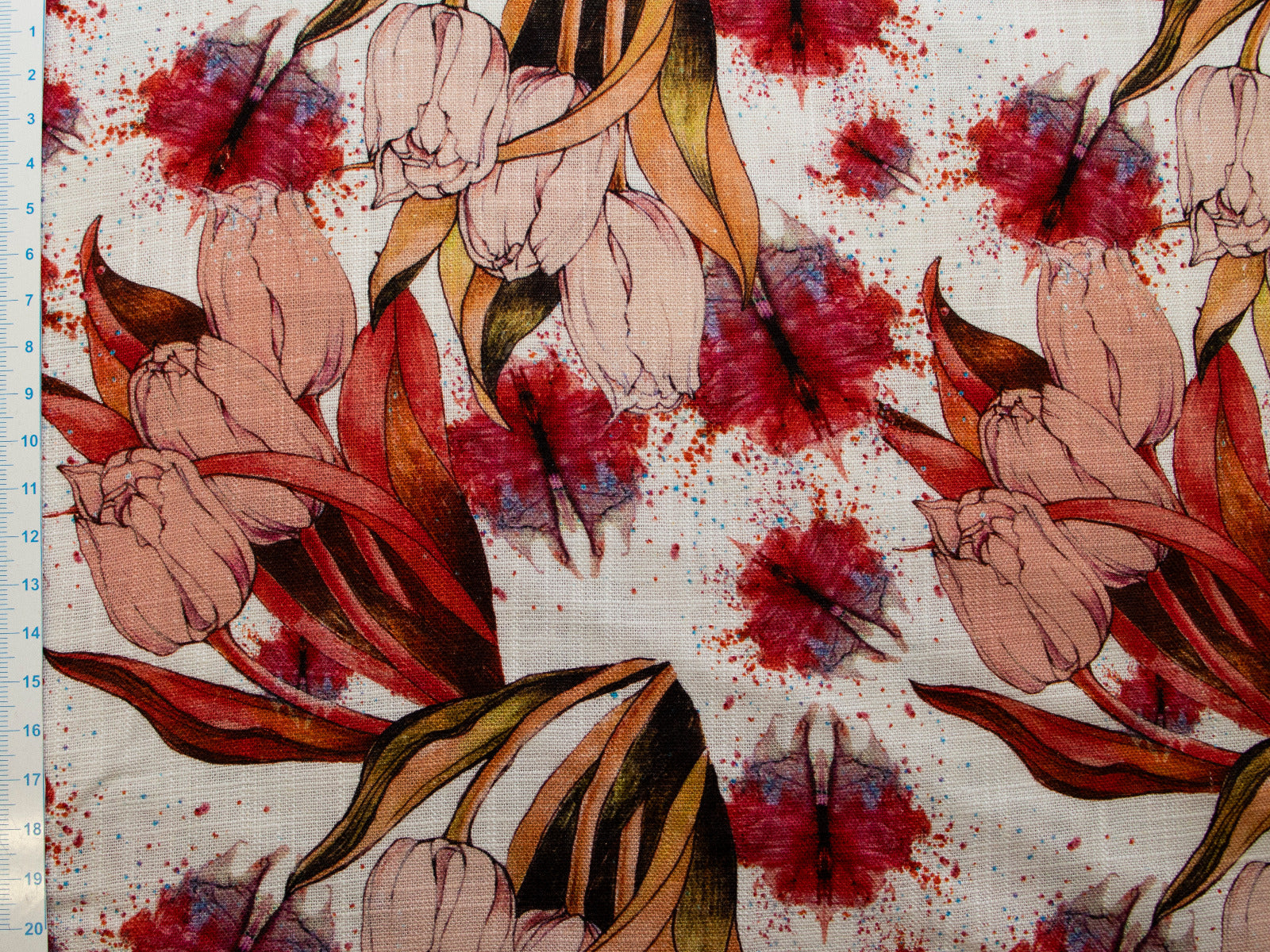 Webware Leinen Viskose Digitaldruck - Tulpen - beige - rot - rosa