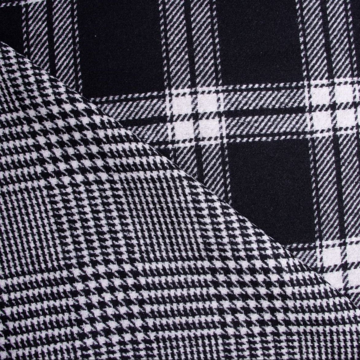 Wollstoff Doubleface - Karos und Hahnentritt - blau-weiß
