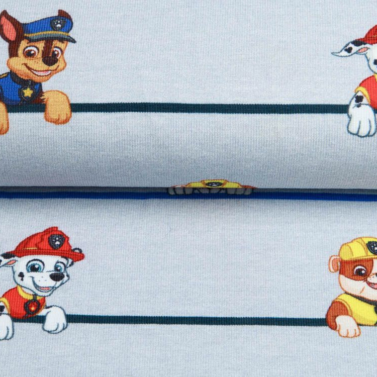 Jersey Digitaldruck Paw Patrol - Rubble & Friends auf Streifen - grau