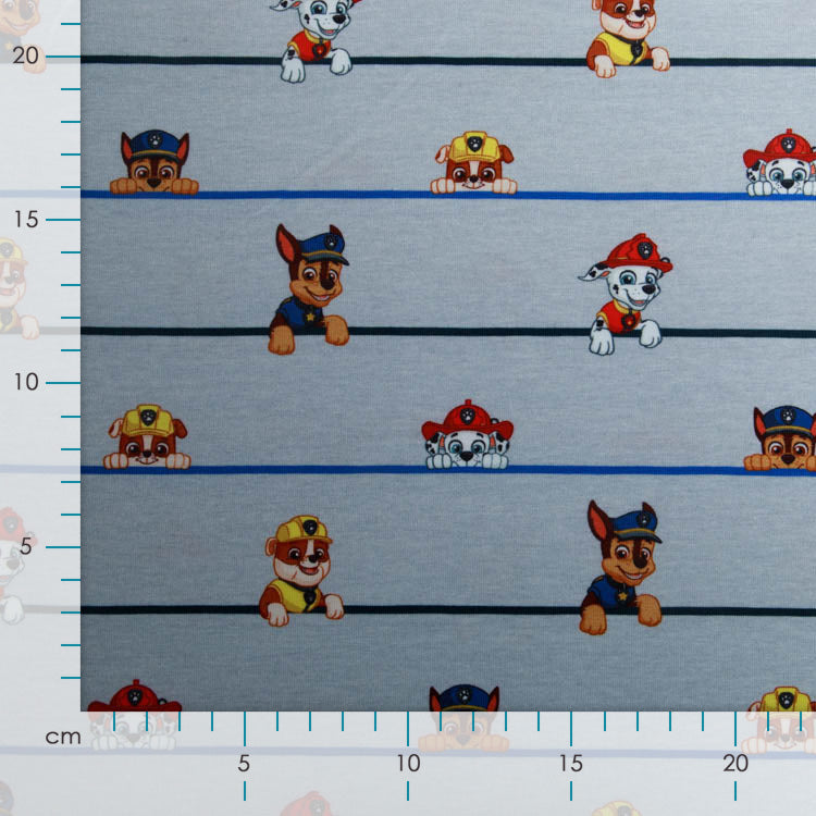 Jersey Digitaldruck Paw Patrol - Rubble & Friends auf Streifen - grau