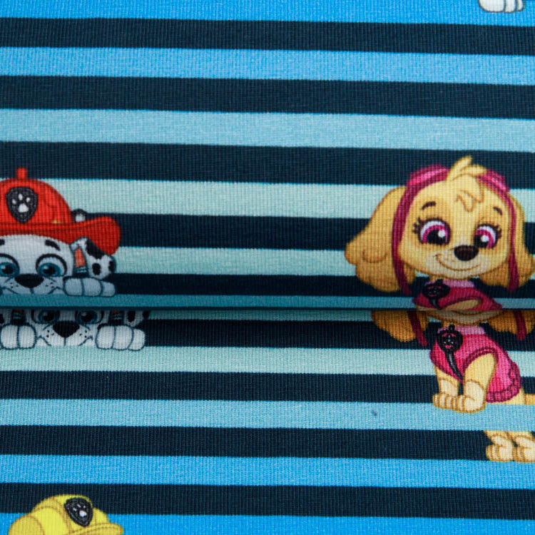 Jersey Digitaldruck Paw Patrol - Rubble & Friends auf Streifen - dunkles blau