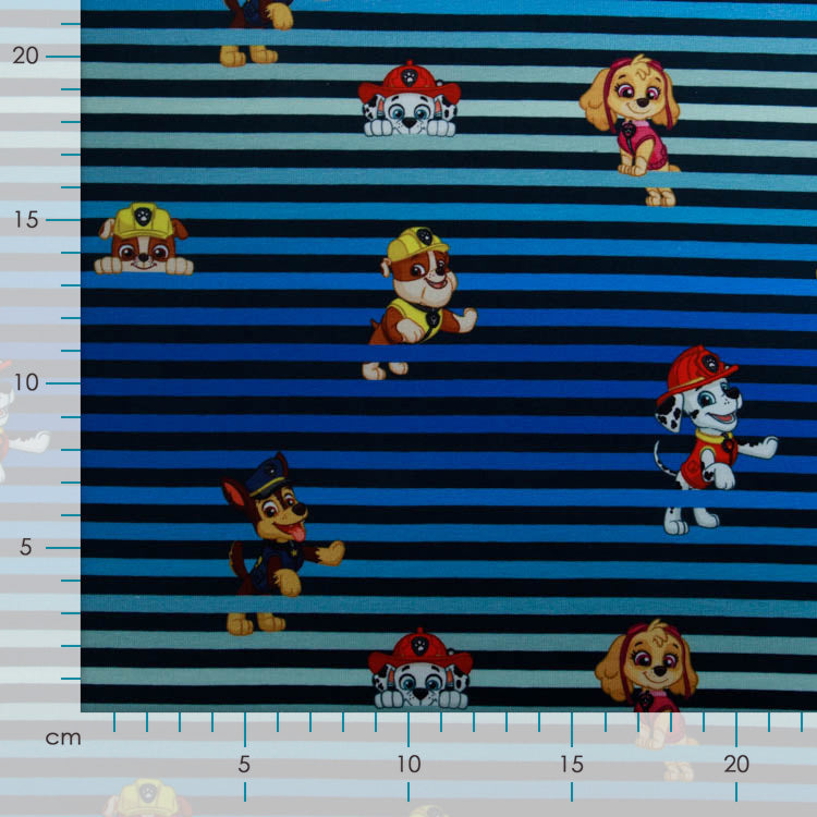 Jersey Digitaldruck Paw Patrol - Rubble & Friends auf Streifen - dunkles blau