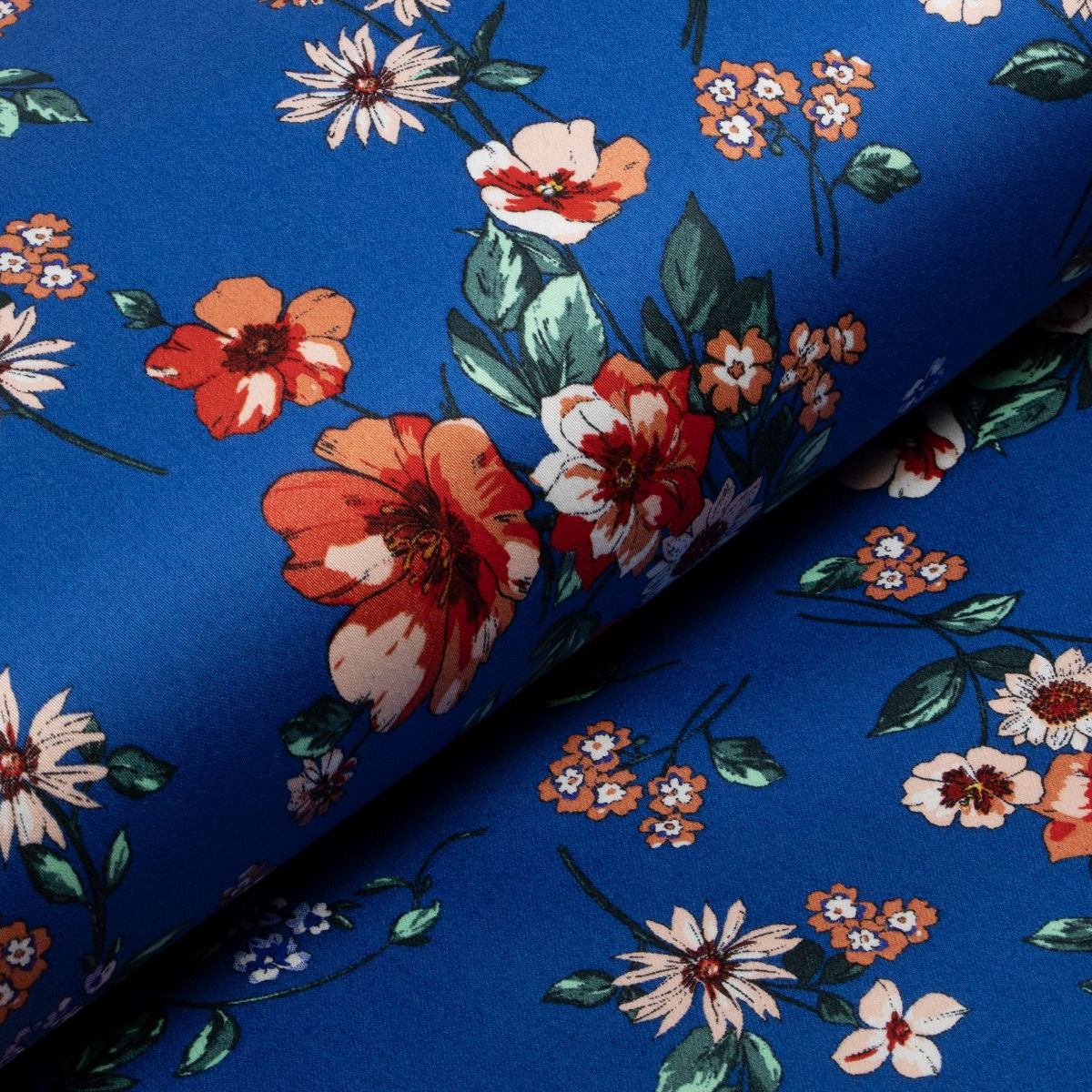 Webware Baumwolle Stretch - Blumenwiese - royalblau