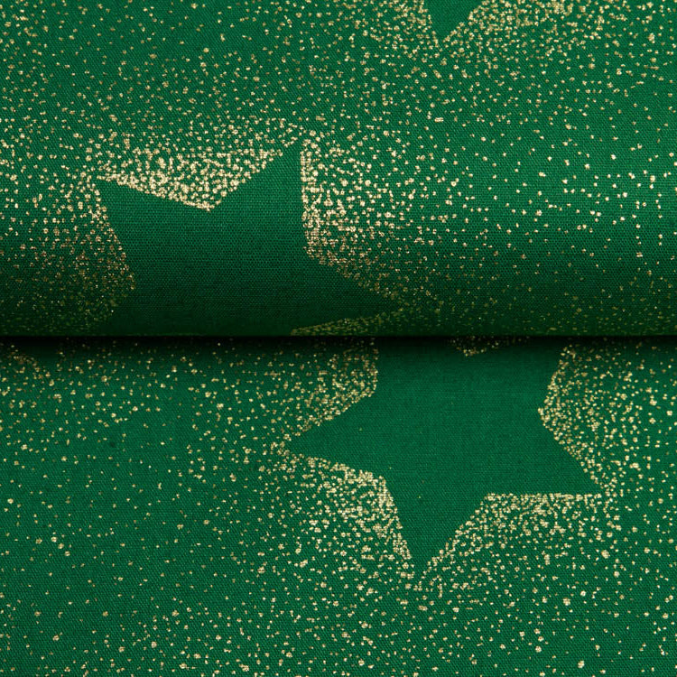 Webware Baumwolle Popeline mit Foliendruck - Weihnachtlicher Sternenhimmel - Tannengrün