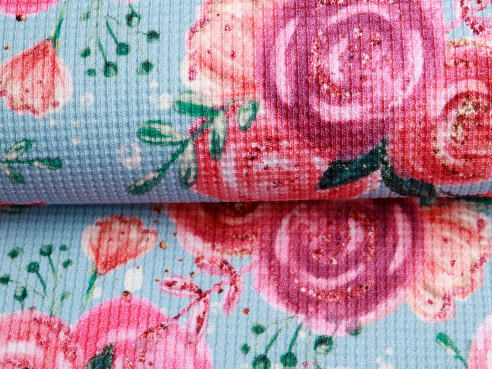 Jersey Waffelstrick Digitaldruck - Blumensträuße auf Waffeloptik