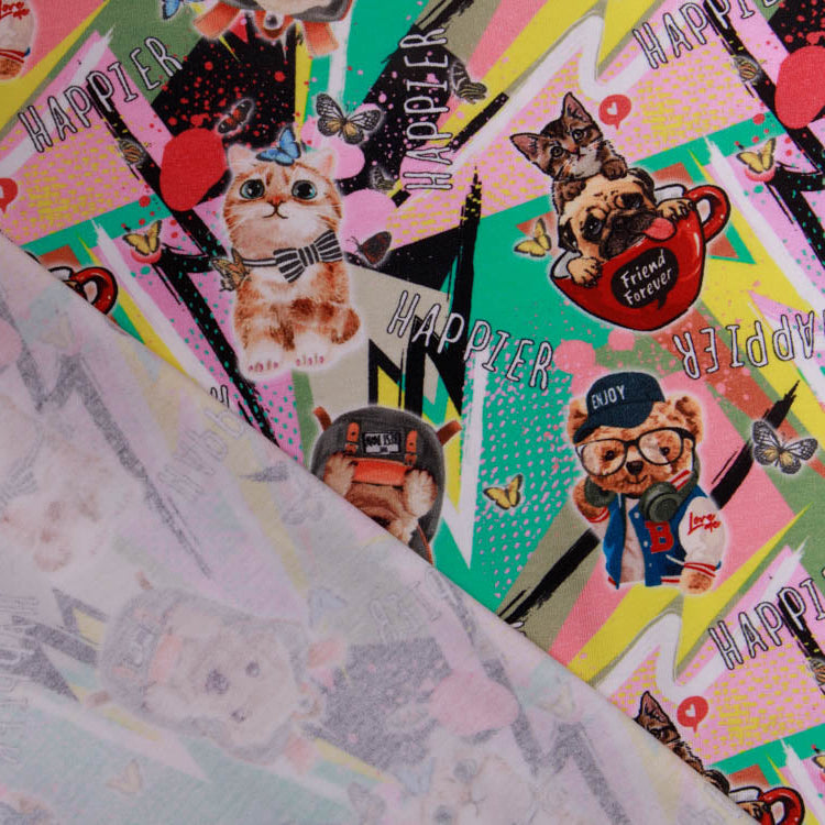 Jersey Digitalprint Stenzo - fröhliche Haustiere - mint / rosa