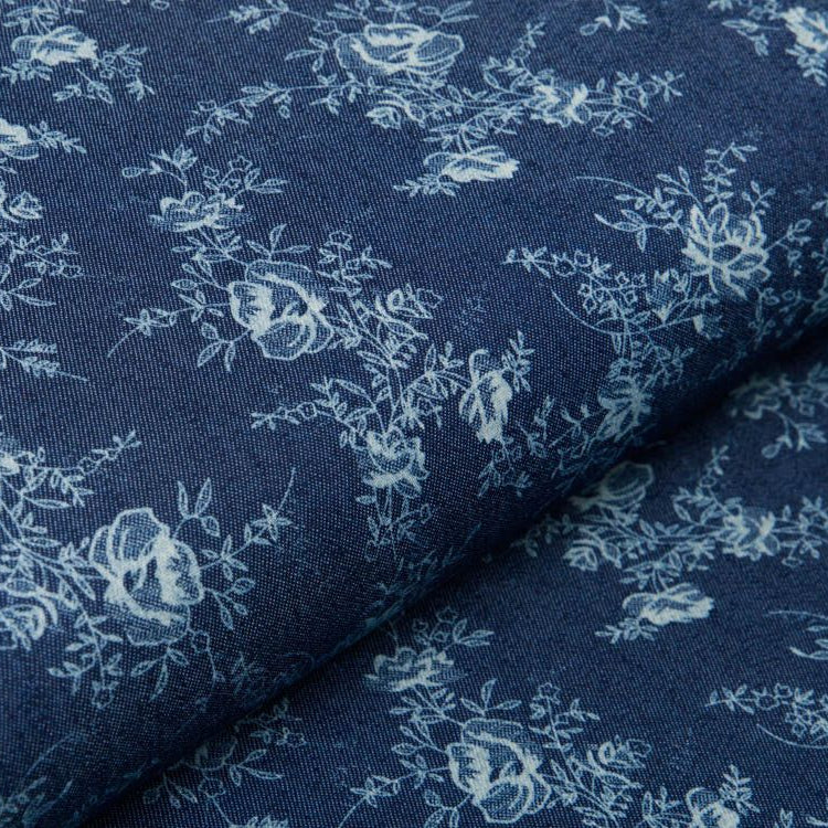 Elastischer Jeansstoff - Blumenmuster - jeansblau