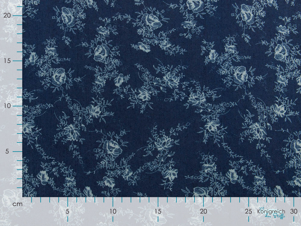 Elastischer Jeansstoff - Blumenmuster - jeansblau
