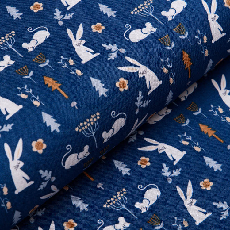 Webware Baumwolle Patchwork - Hasen und Mäuse - blau